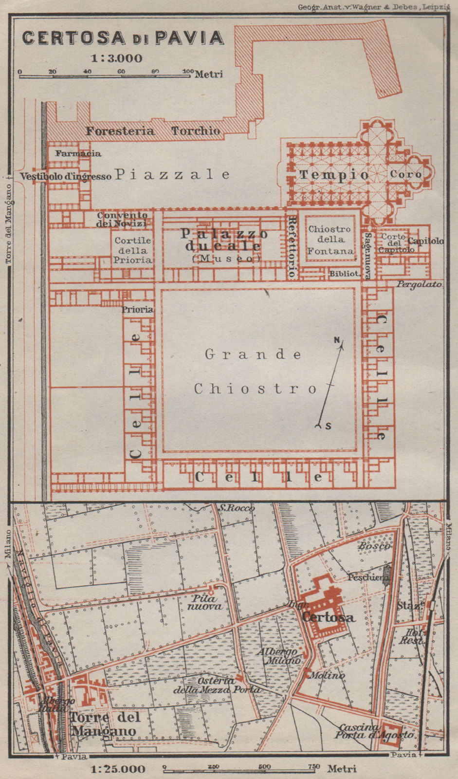 CERTOSA DI PAVIA ground plan. Italy. Torre del Mangano mappa. BAEDEKER 1909